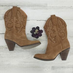 Very Volatile Brown Suede Leather Heeled Western Studded Slip On Boots Size 6.5